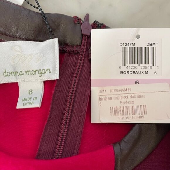 DONNA MORGAN Colorblock Shift Bordeaux Long Sleeve Faux Leather Trim Dre… - Picture 8 of 16